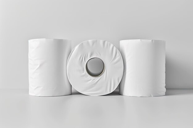 Photo three white soft rolls of toilet paper idea of housework