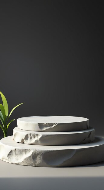 Three white stone podiums on a gray background with a plant