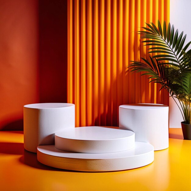 Photo three white stools are on a yellow table with a plant in the corner