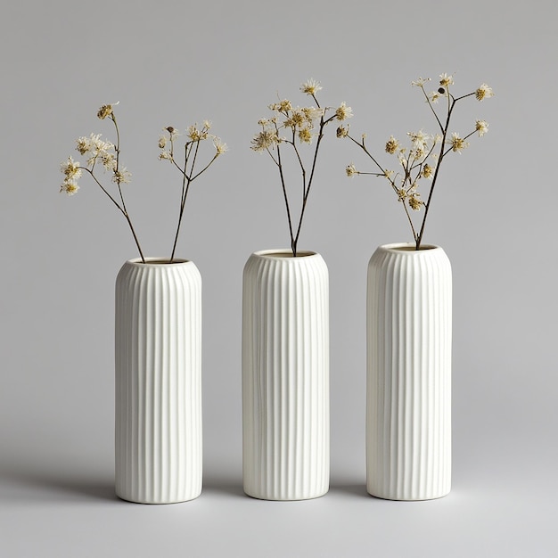 Photo three white vases with flowers in them one of which has the number 3 on it