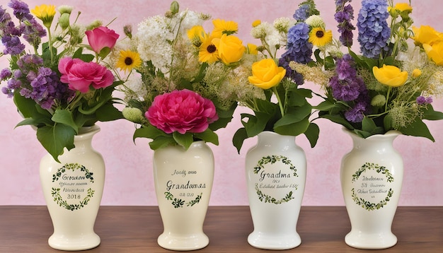 three white vases with flowers and the words graduation on them