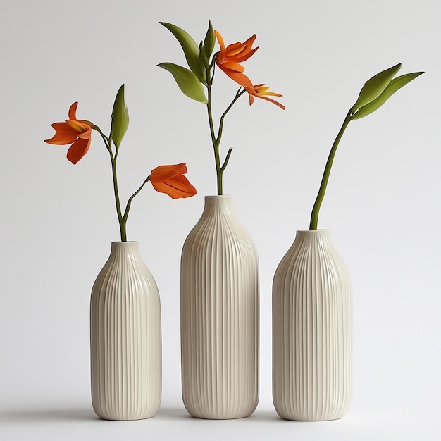 three white vases with orange flowers in them one of which has the word tulips on it