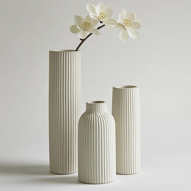 three white vases with a white flower in the middle