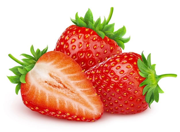 Three whole strawberries isolated on white background with clipping path