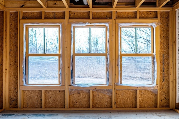 Photo three windows in a new home under construction