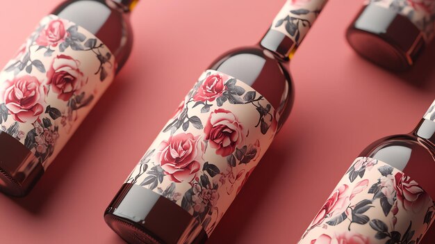 Photo three wine bottles with floral labels lie on a red background