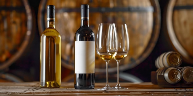 Three wine bottles with glasses placed on a wooden table