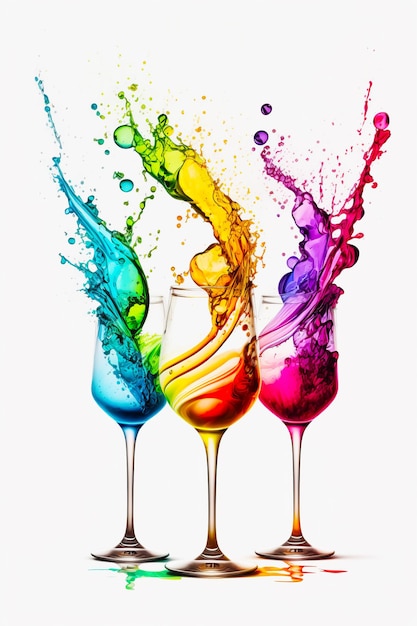 Three wine glasses filled with different colored liquids and splashing into each other Generative AI