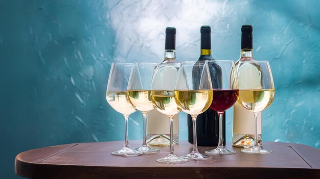 three wine glasses with wine and wine on a table