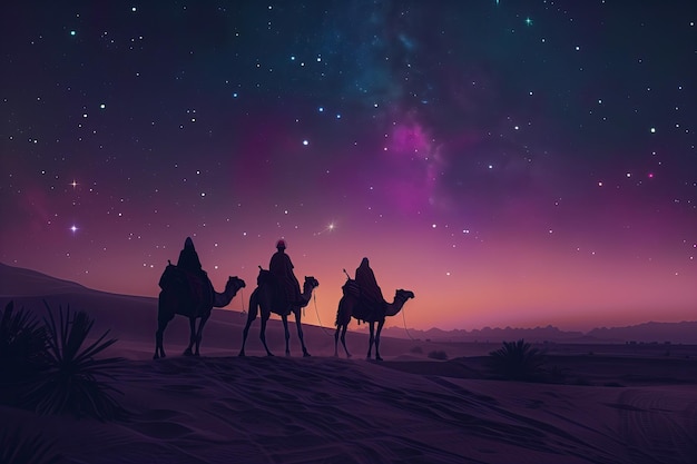 three wise men on camels in desert with the star lights