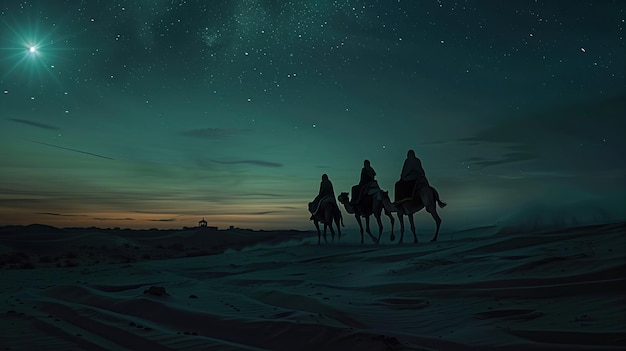 three wise men riding with camels on the desert starry night