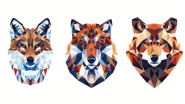 Photo three wolf heads illustrated in a geometric polygonal style each with a unique color palette