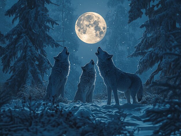 Photo three wolves are howling at the moon in the woods