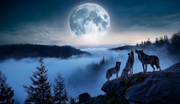 Photo three wolves howling on a cliff under a full moon at night