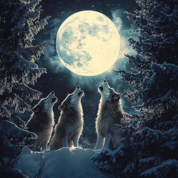 Photo three wolves howling at a full moon amidst a snowy forest