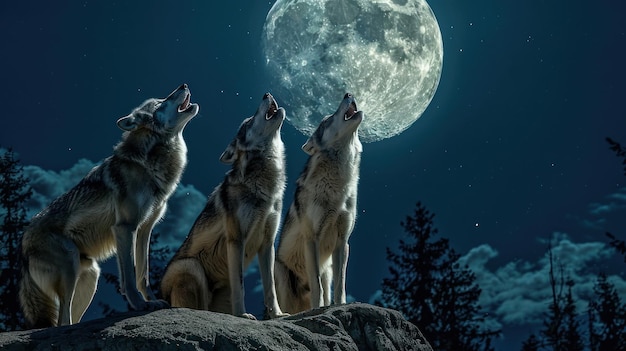 Photo three wolves howling at the full moon