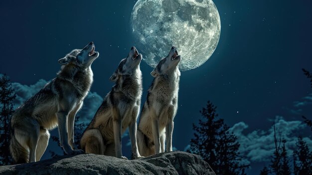 Photo three wolves howling at the full moon