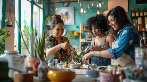 three women are cooking in a kitchen with a lady wearing a blue top