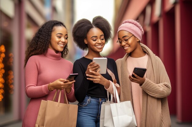 three women are looking at their phones and one is looking at a phone