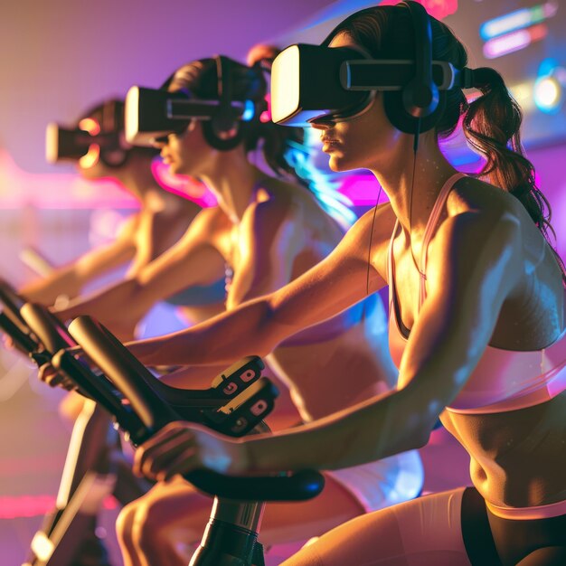 Photo three women are riding stationary bikes with virtual reality headsets on