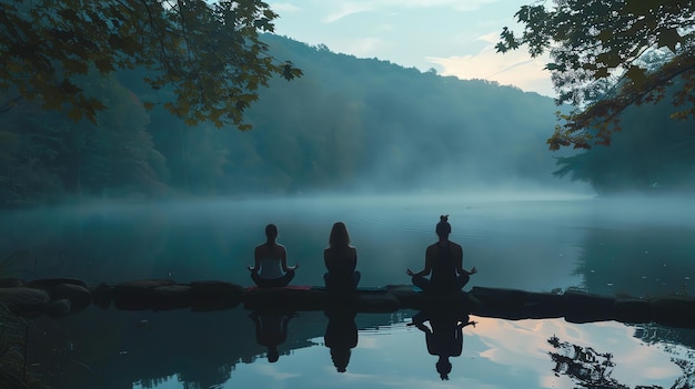 Three women are sitting on a dock in a lake meditating The sun is rising in the background