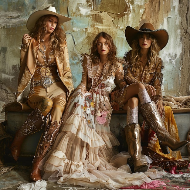 Photo three women are sitting in front of a wall with a hat that says  three