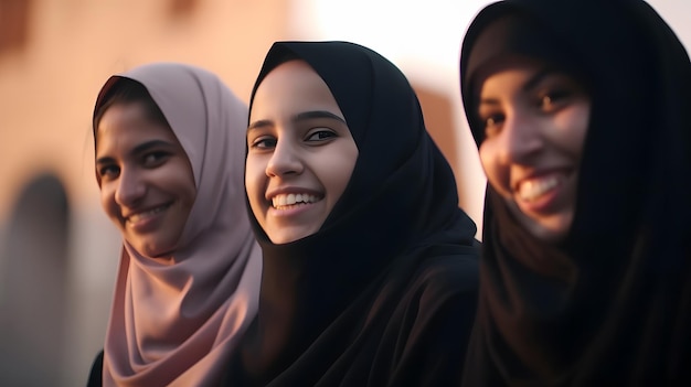 Three women are sitting in a row and one is wearing a hijab.