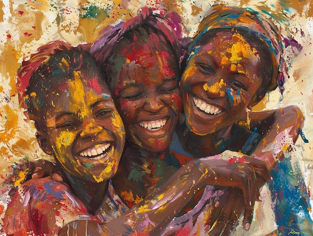 three women are smiling and one has a colorful face