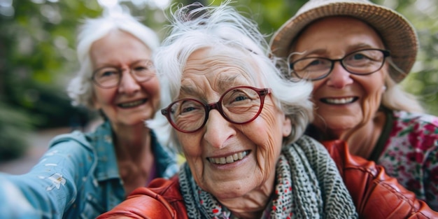 Three women are smiling and posing for a picture One of them is wearing glasses and a red scarf