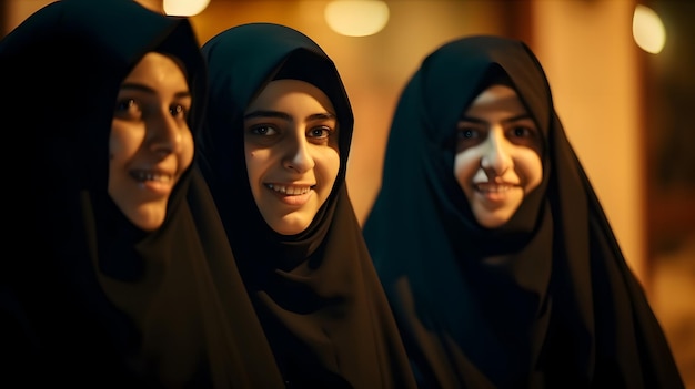 Three women are standing together and one is wearing a black hijab.