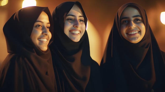 Three women are standing together, one of which is wearing a hijab.