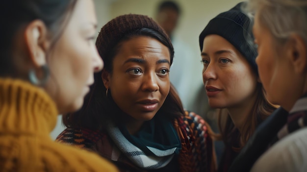 Photo three women are talking in front of a group of people