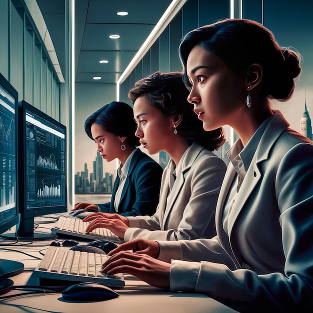 three women are working on a computer in a computer lab