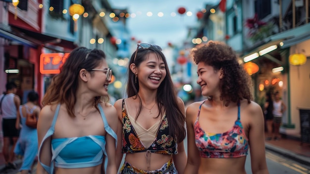 Three women bikinis walk lights street