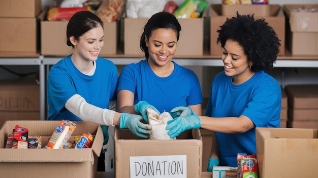 three women in blue shirts are carrying a box that says support for charity