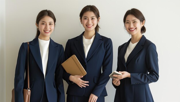 three women in business suits with a folder and notebooks