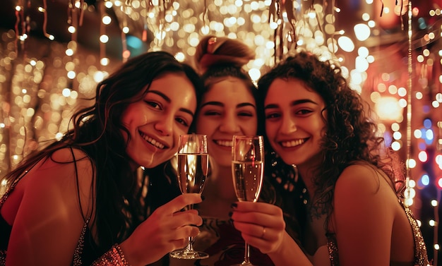 Three women celebrating with champagne at a festive party with sparkling lights