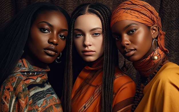 Three women in colorful dresses with the word black on them