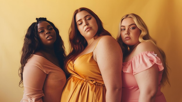 Three women confidently posing against a yellow background body positive concept