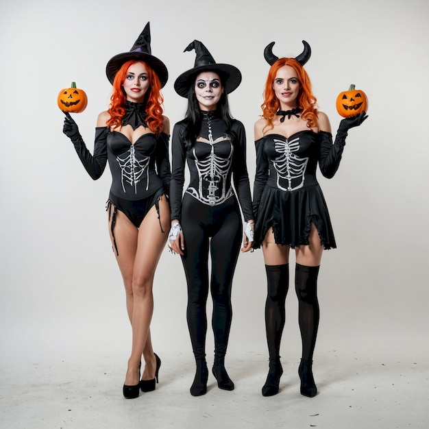 three women dressed as halloween costumes pose for a photo