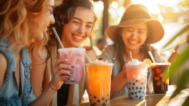 Photo three women drinking bubble tea outdoors laughing and smiling in a sunlit setting