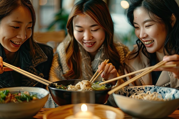 Photo three women enjoying chinese food with chopsticks