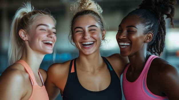 Three women enjoying a joyful moment while exercising together in a bright gym during a morning workout session