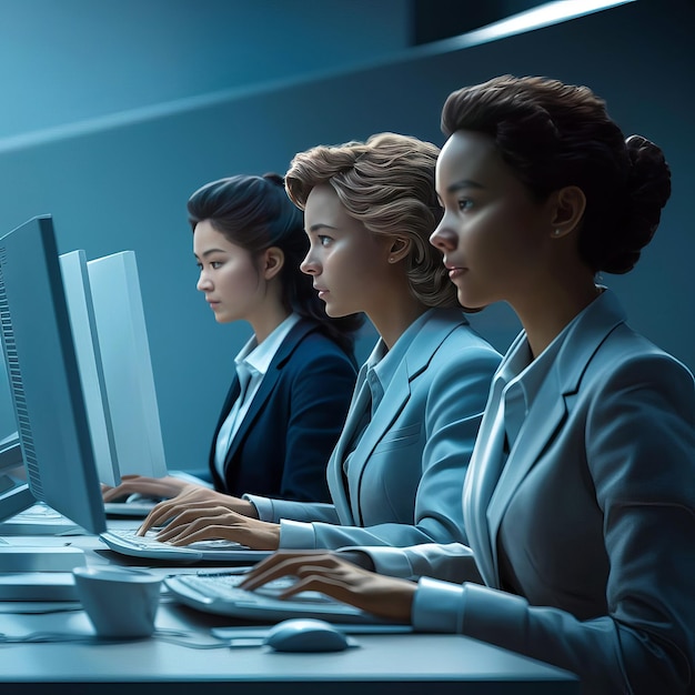 three women in front of a computer with the word  mac  on the screen