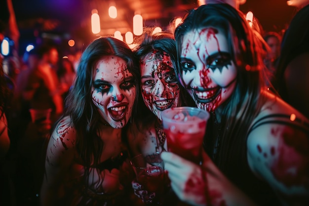 Photo three women in halloween costumes are posing for a picture with drinks