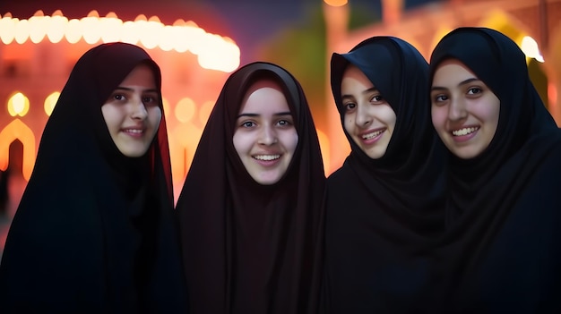 Three women in hijab stand in front of a colorful background.