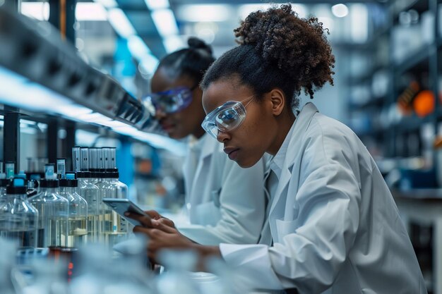 three women in lab coats are looking at a device with a lot of liquid