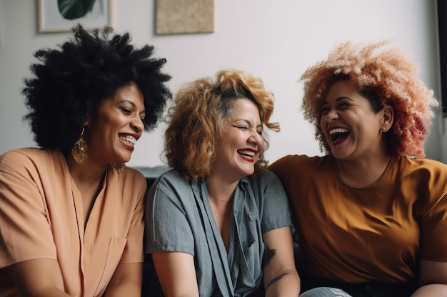 Three women laughing and laughing on a couch