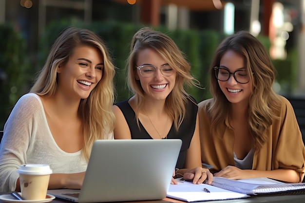 Three women looking at a laptop and smiling