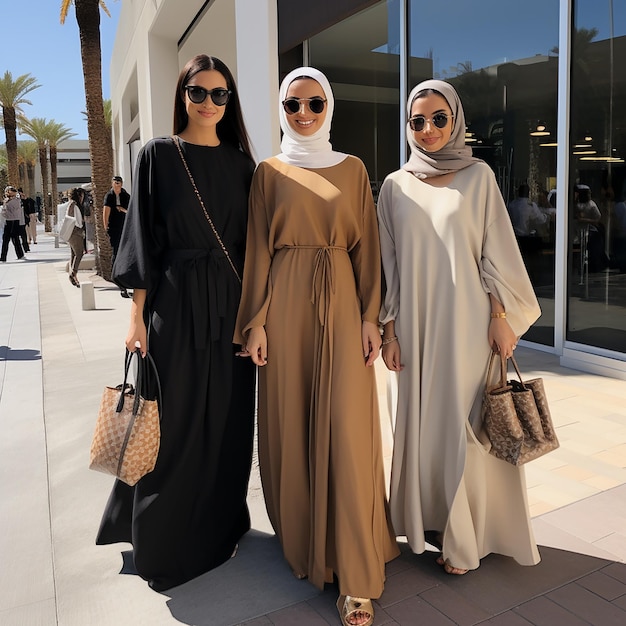 Photo three women pose for a picture in front of a building